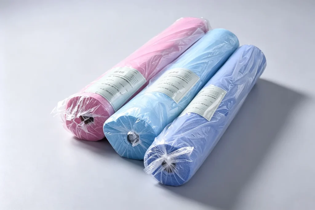 Plastic wrapped non woven rolls with private label stickers, Takewind OEM spa supplies