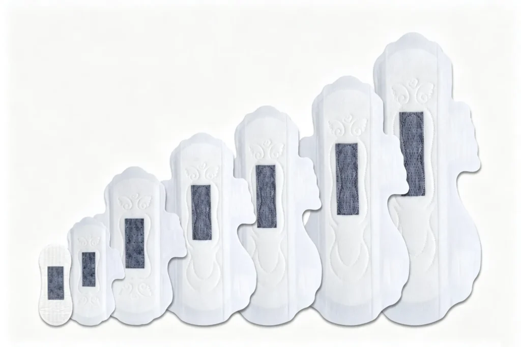 Full size range of sanitary napkins showing customizable length, width and thickness options at Takewind