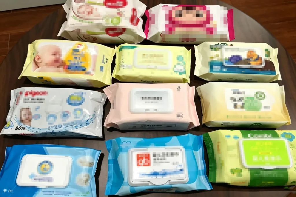 Various baby wet wipe samples for customized raw material and liquid formula development by Takewind