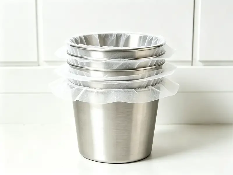 translucent non-woven fabric lining inside stacked stainless steel buckets, metal surface anti-abrasion nonwoven liner, Takewind packaging nonwoven material