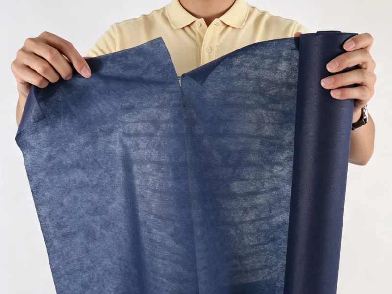 Worker showing navy blue PP spunbond non woven fabric jumbo roll with clear breathable texture for tablecloth making