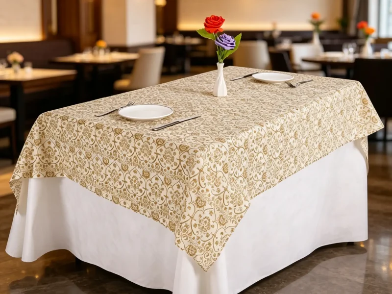 Beige non woven tablecloth with golden vintage floral printing laid on restaurant long dining table
