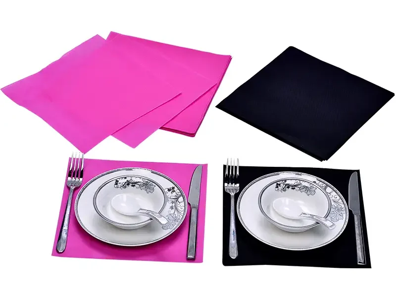 Pink and black disposable PP non woven square placemats matched with western tableware set