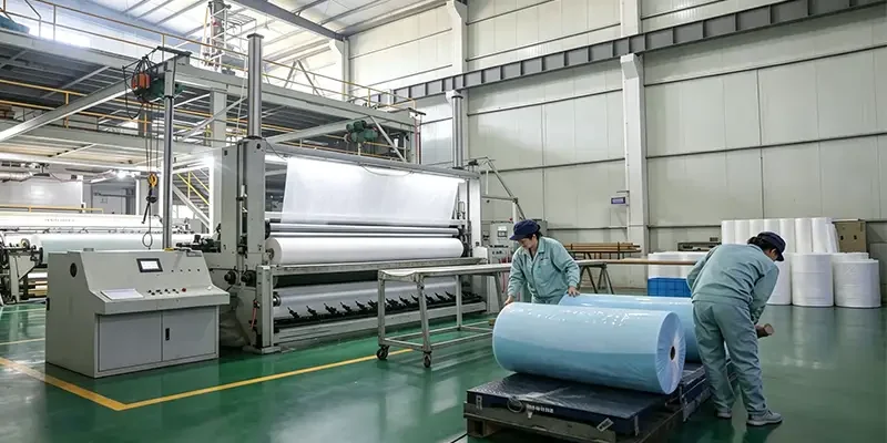 Takewind factory female workers producing beauty grade nonwoven fabric rolls on industrial spunbond production line in clean workshop