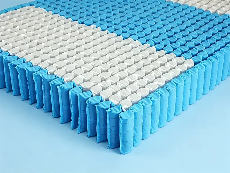 Left-right split firmness pocket spring bed net manufactured by Takewind, firmer white pocket coils on left, softer blue pocket springs on right, dual firmness mattress core