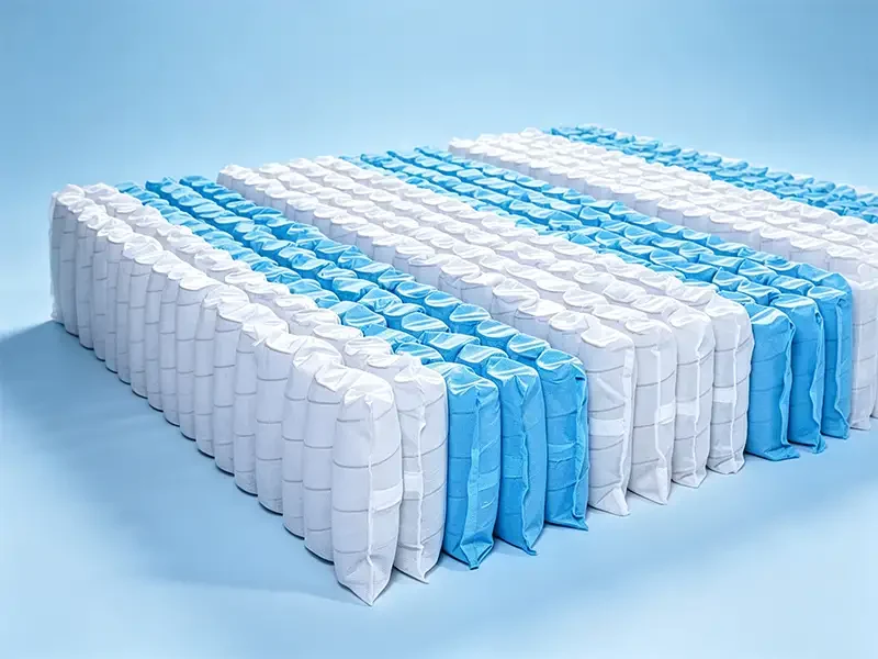 Multi-zone pocket spring mattress core from Takewind, softer blue pocket springs and firmer white pocket coils for customized mattress support, light blue studio background