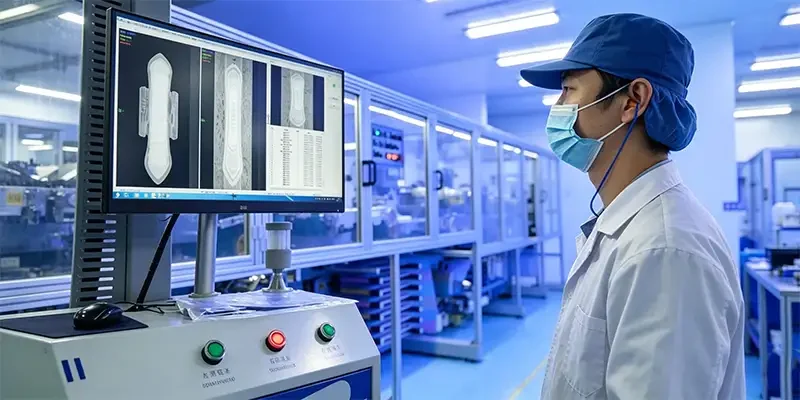 Worker inspects sanitary napkin products via visual inspection monitor in Takewind hygiene non‑woven clean workshop