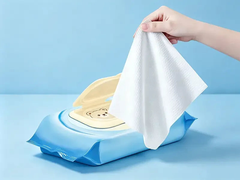 Hand pulling wet wipe out of blue plastic pack, baby wet wipes supplied by Takewind non woven manufacturer China