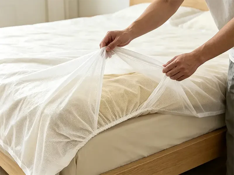 Takewind disposable non woven quilt cover, man putting on disposable non woven duvet cover for travel hotel