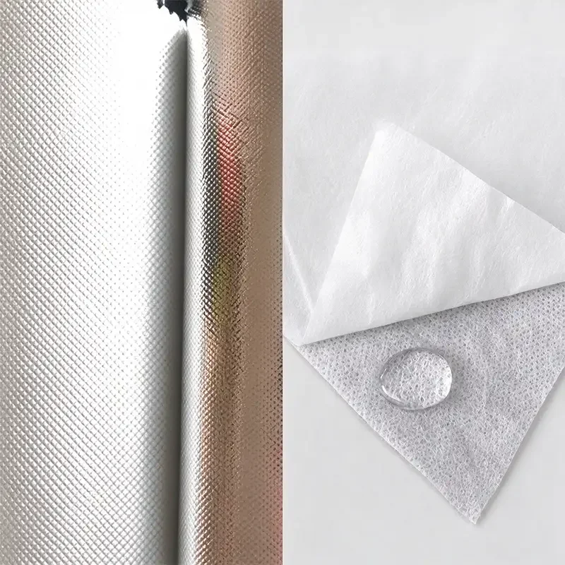 Takewind laminated non woven fabric, showing two different composite structure materials, silver foil composite and waterproof PE film composite non woven