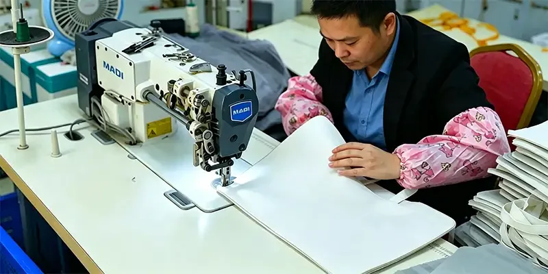 Takewind factory male operator working with heavy duty industrial sewing machine for non woven bag stitching in sewing workshop