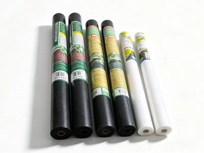 Takewind assorted small roll garden textiles, black weed control fabric rolls and white landscape frost cloth rolls on white background