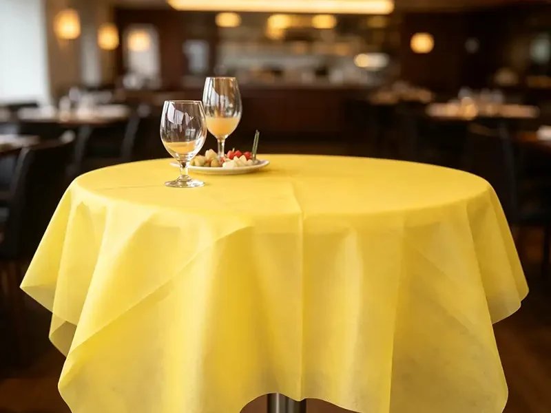 Bright yellow disposable round non woven tablecloth laid on cafe round high bar table