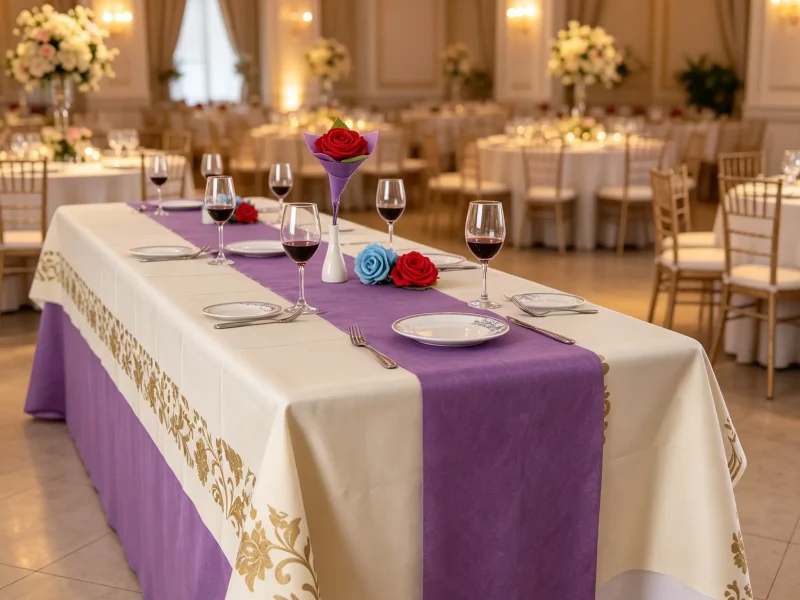 Solid purple non woven table runner laid on beige printed tablecloth for hotel wedding banquet long table