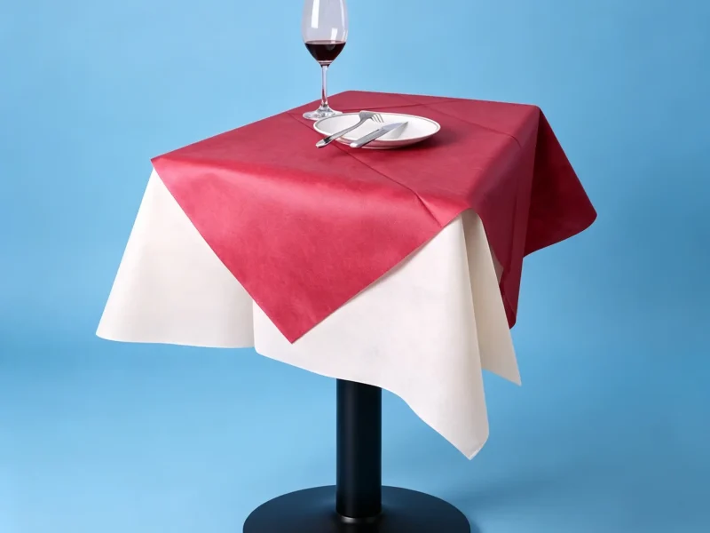 Red square non woven tablecloth over white lining cloth on single leg black bar table