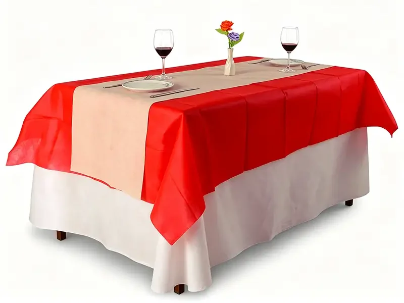 Red and beige double layer rectangle spunbond non woven tablecloth with table skirt for banquet long table